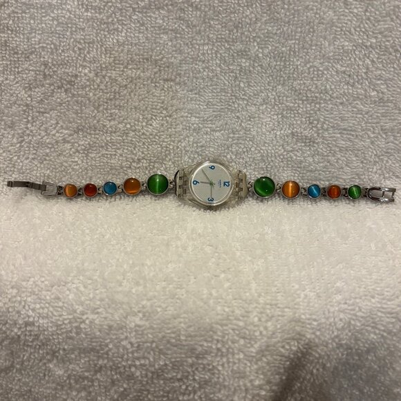 Swatch Ladies Watch - Multi-color cat's eye gems and steel - NEVER WORN - Picture 1 of 2